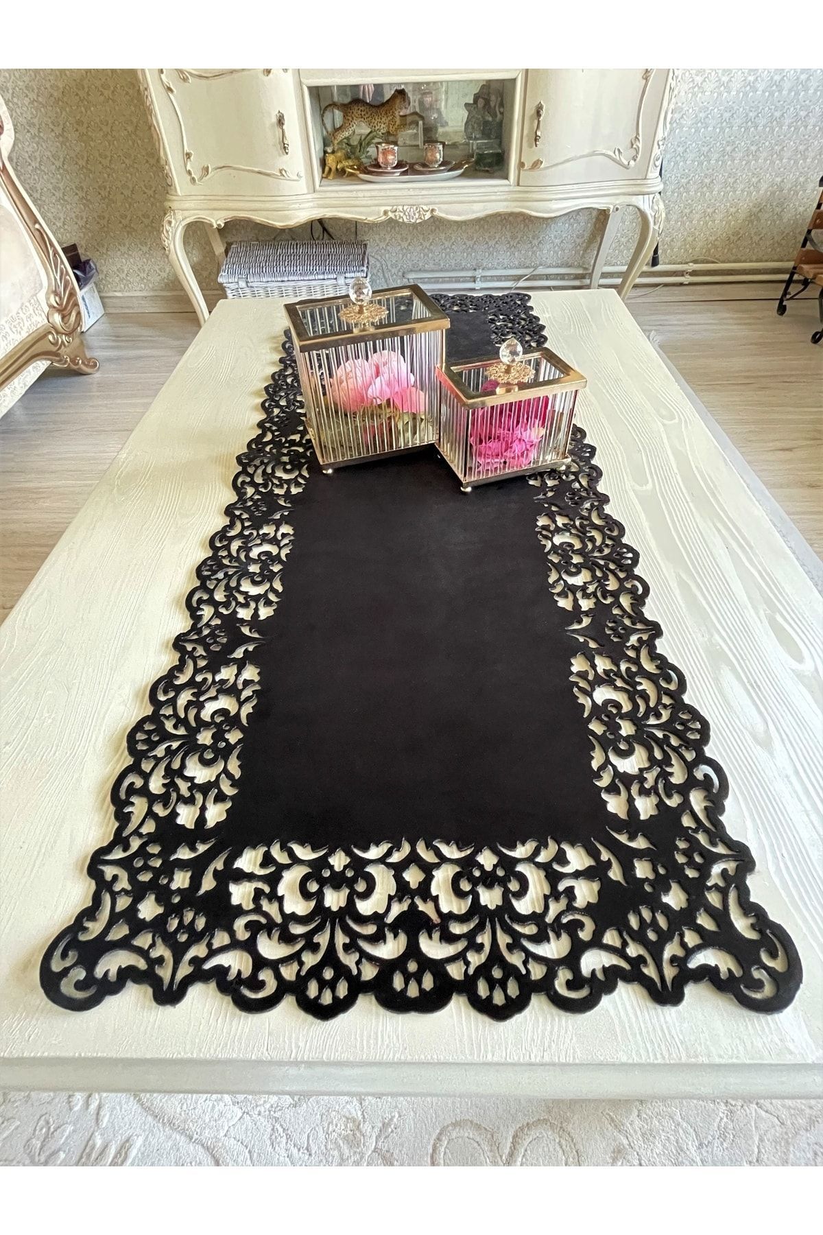 Ergüven Home Masuta De Cafea Dreptunghiulara Din Tesatura Din Catifea Neagra Dimensiune 40x100cm - One Size