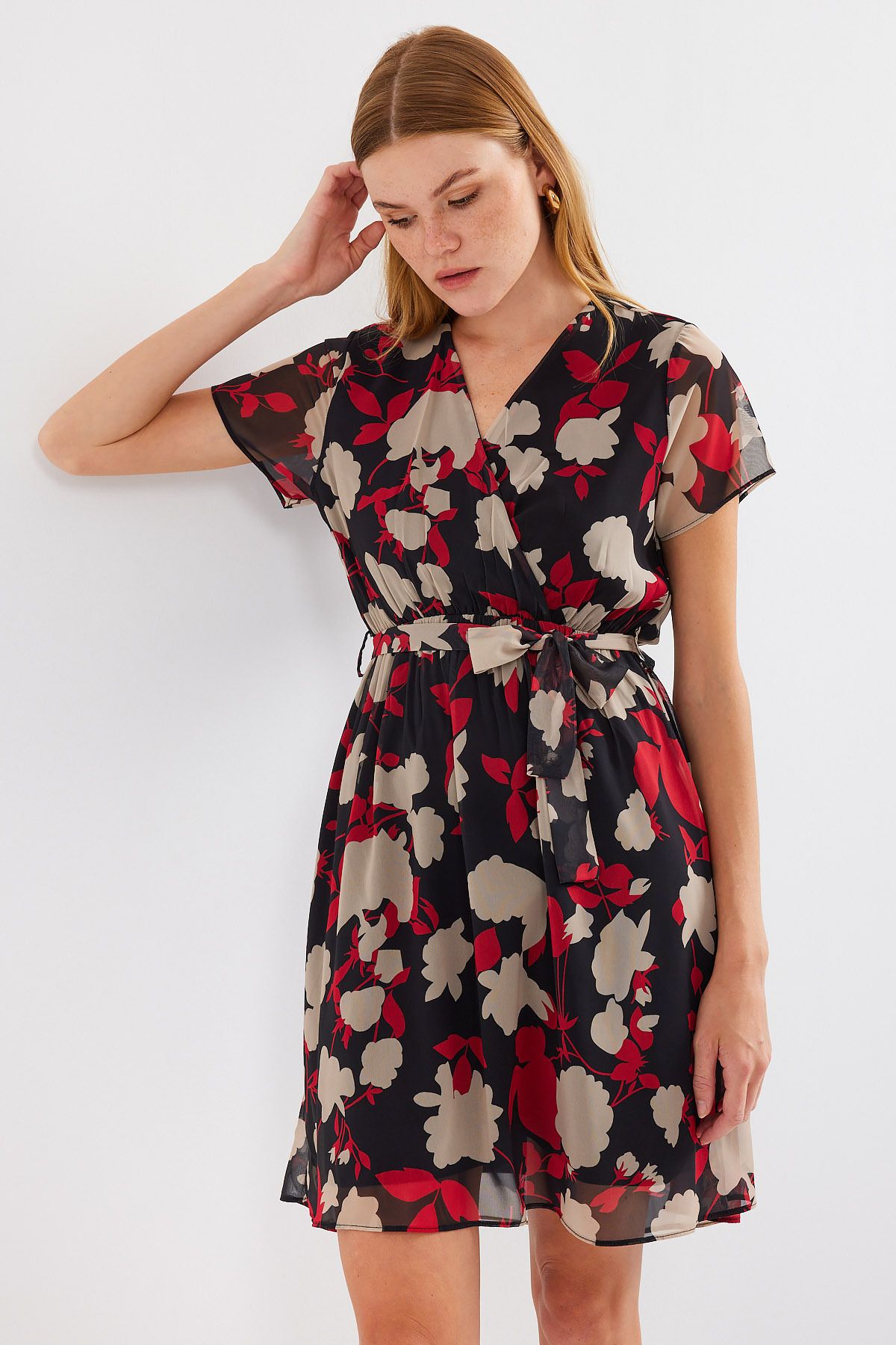 Bigdart-2502 Model Burgundy Chiffon Dress - Short Sleeve and Patterned 2