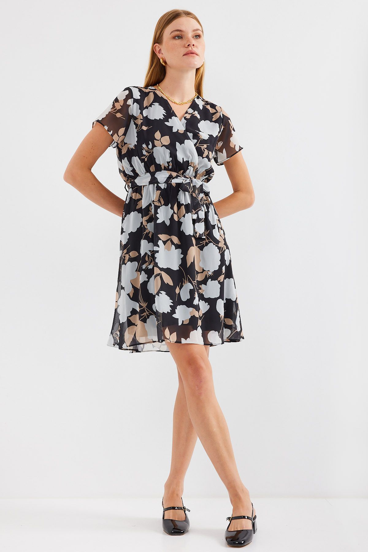 Bigdart-2502 Model - Black Chiffon Dress, Short Sleeve and Print 4