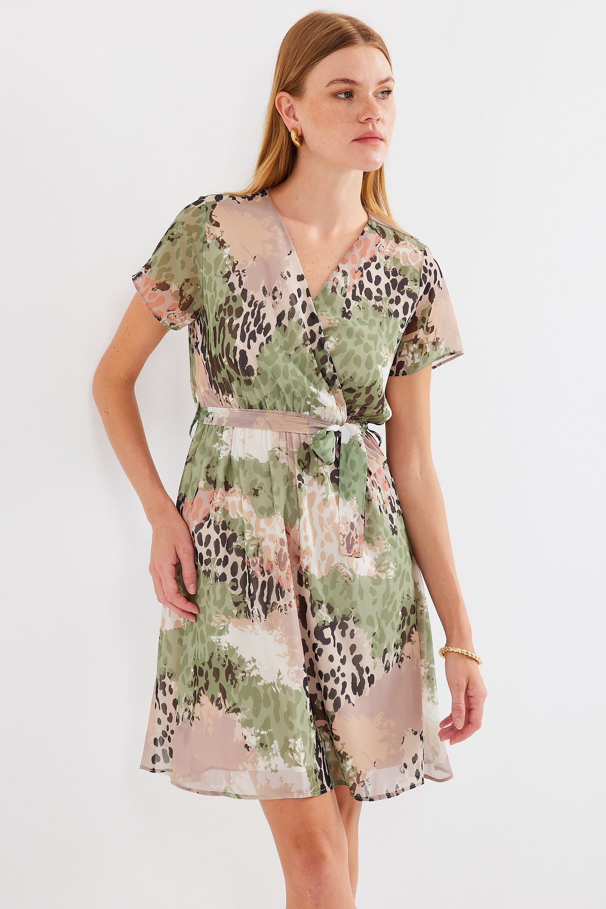 Bigdart-Çağla - 2502 Model Short Sleeve and Patterned Chiffon Dress 4