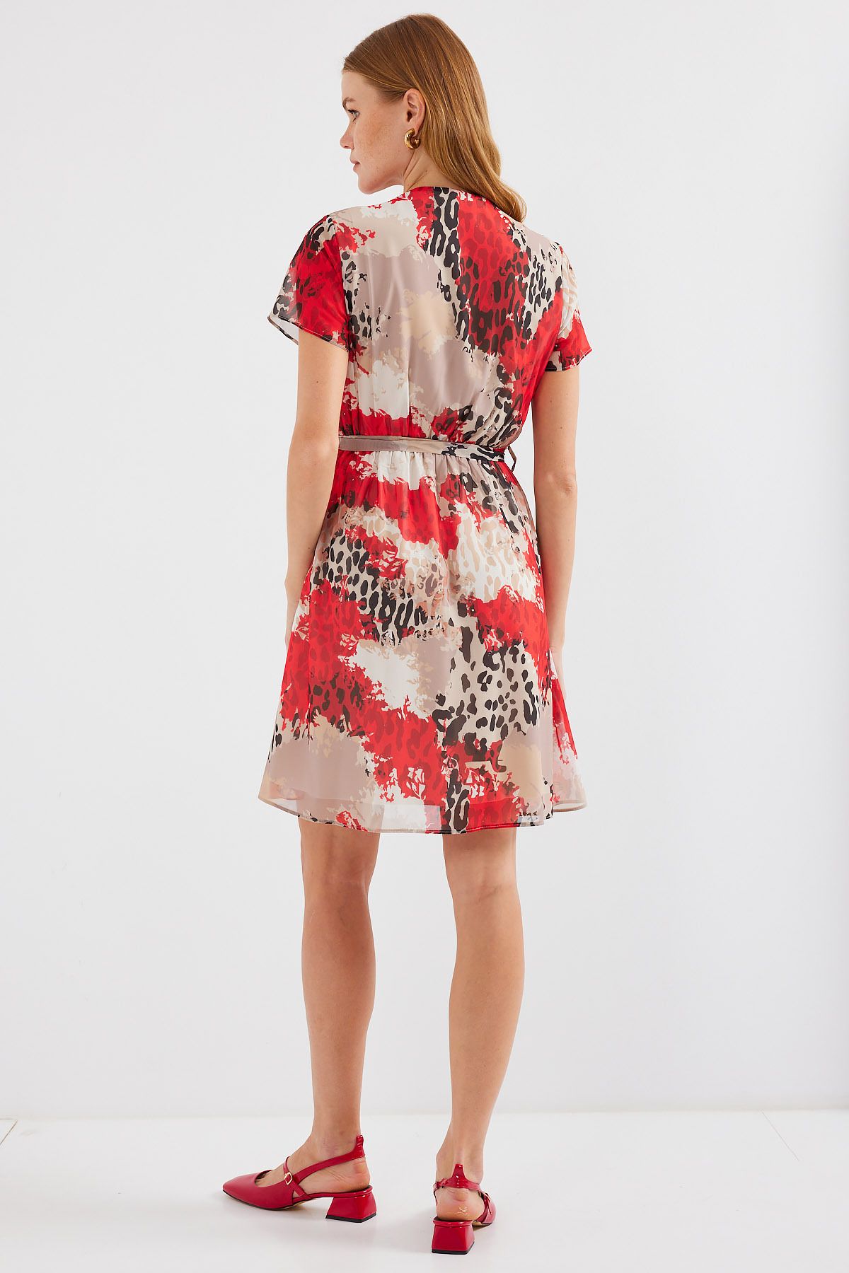 Bigdart-2502 Model Red Chiffon Dress - Short Sleeve and Patterned 6