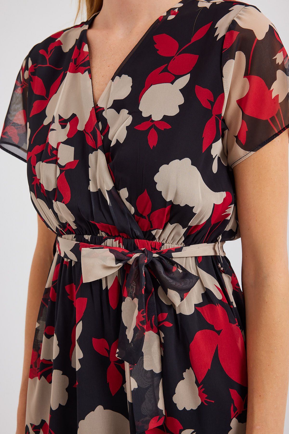 Bigdart-2502 Model Burgundy Chiffon Dress - Short Sleeve and Patterned 4