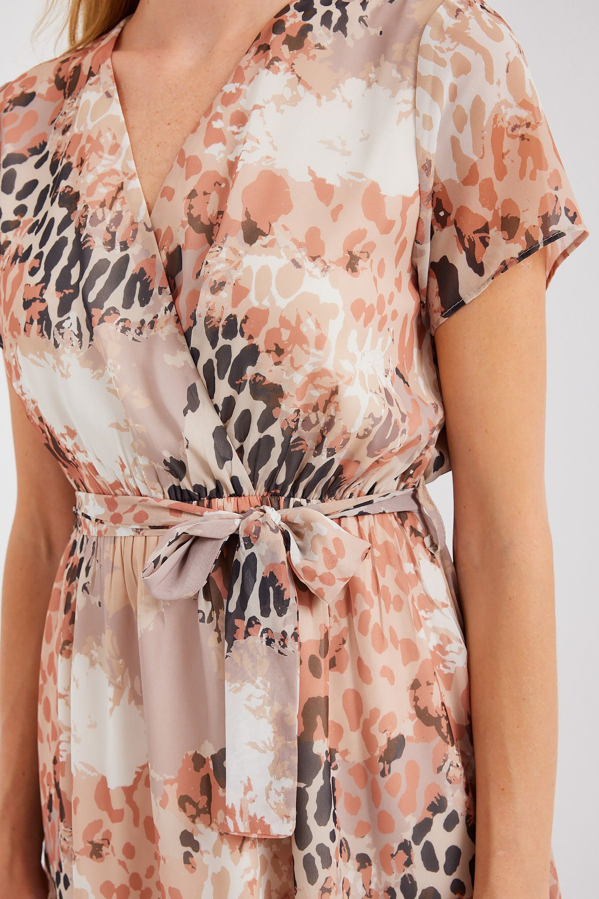 Bigdart-2502 Model Beige Chiffon Dress - Short Sleeve and Patterned 5