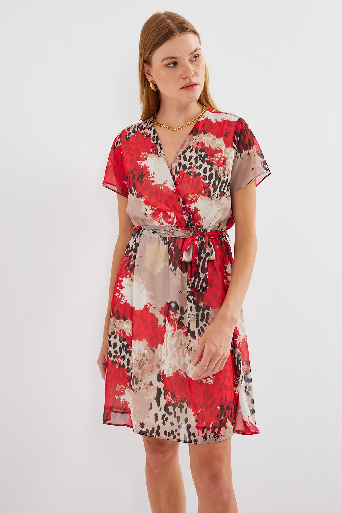 Bigdart-2502 Model Red Chiffon Dress - Short Sleeve and Patterned 4