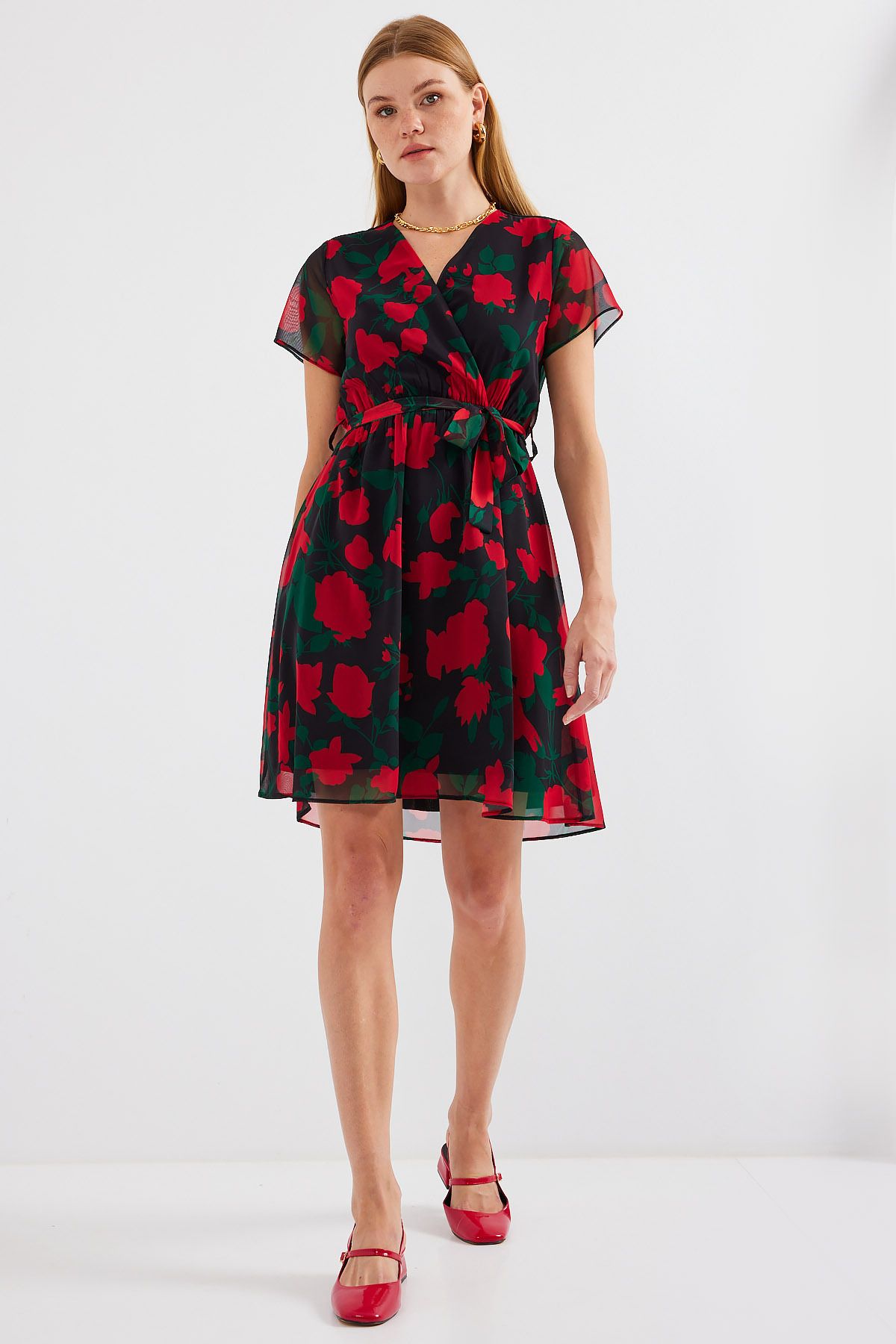 Bigdart-2502 Model - Black Chiffon Dress, Short Sleeve and Print 3