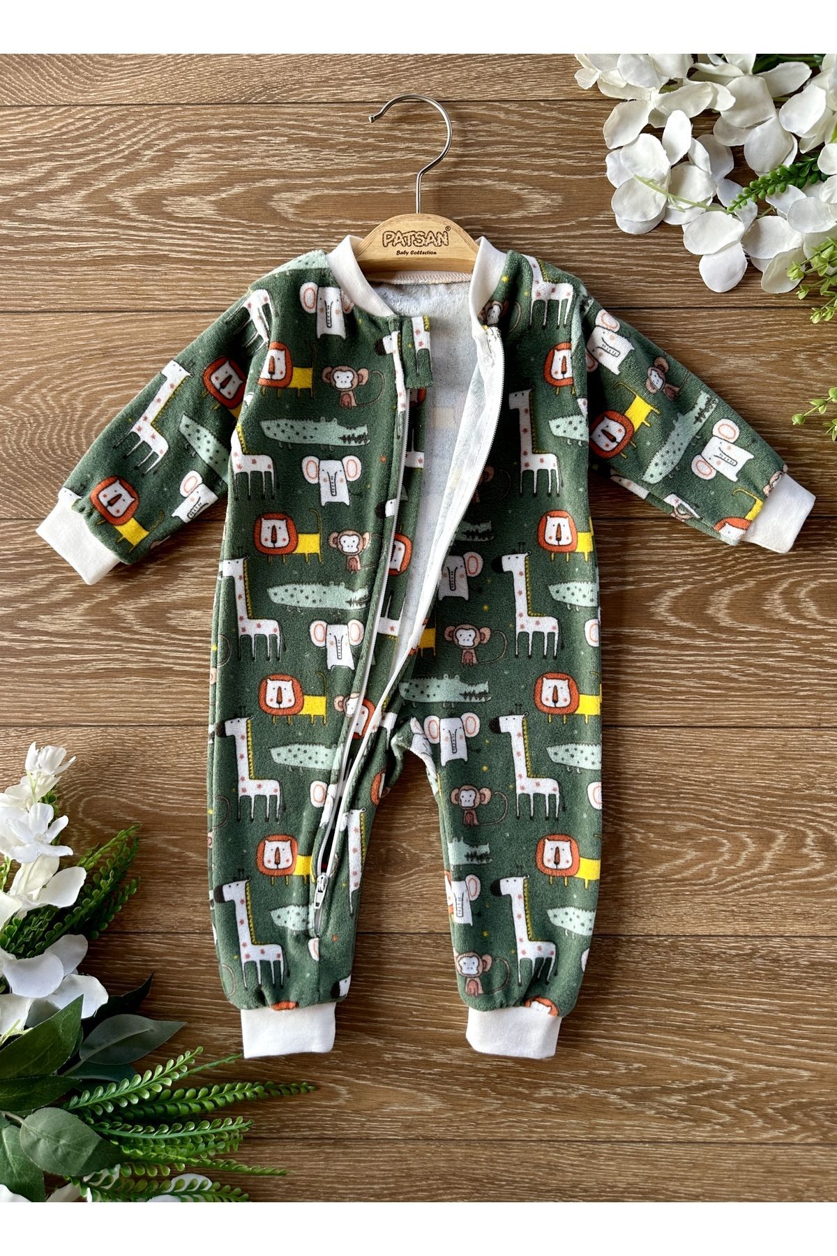 PATSAN Kadife Kışlık Fermuarlı Bebek Uyku Tulumu Aslan Zürafa Timsah Yeşil fotoğrafı 2 (önizleme)