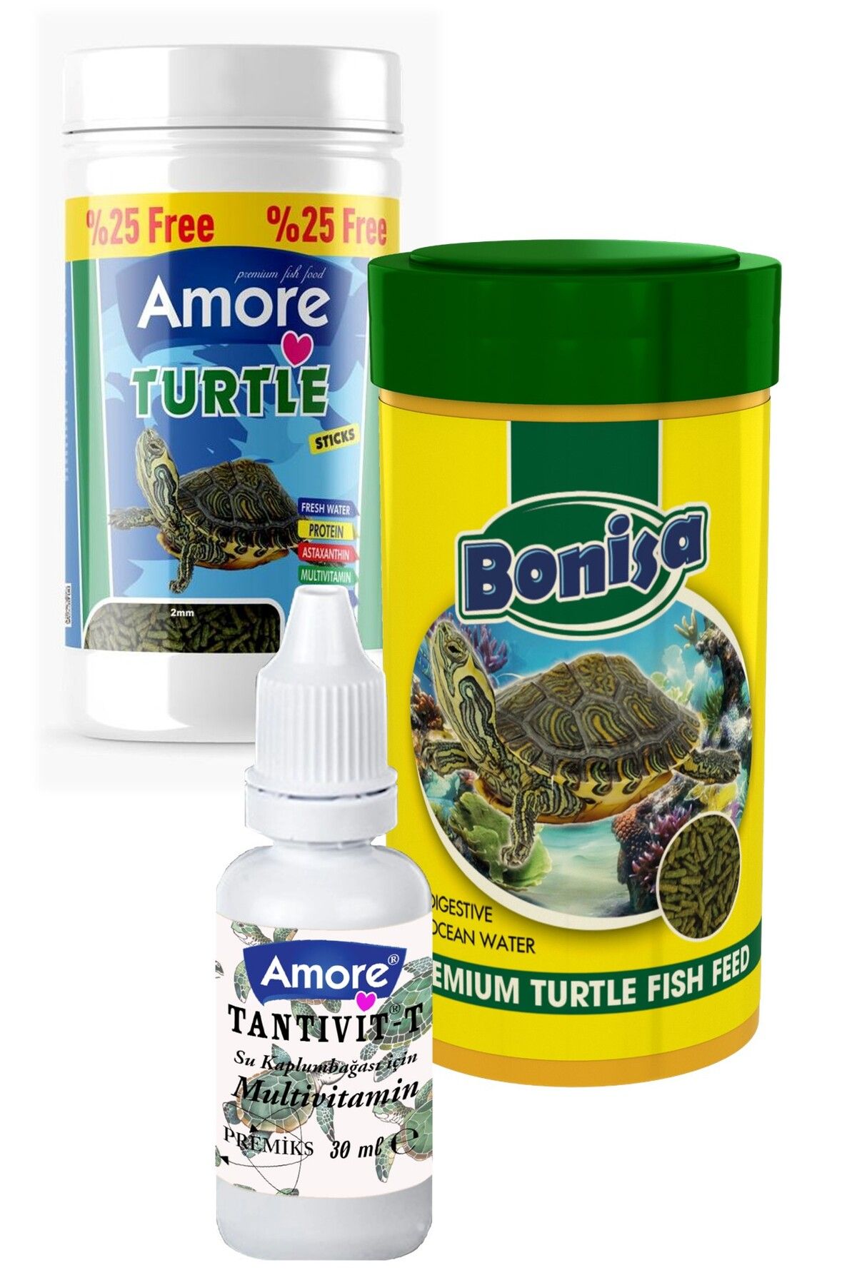 AMORE Turtle Green Sticks 125 250 ml Bonisa Su Kaplumbağası Yemi Ve Vitamini 3lü Set
