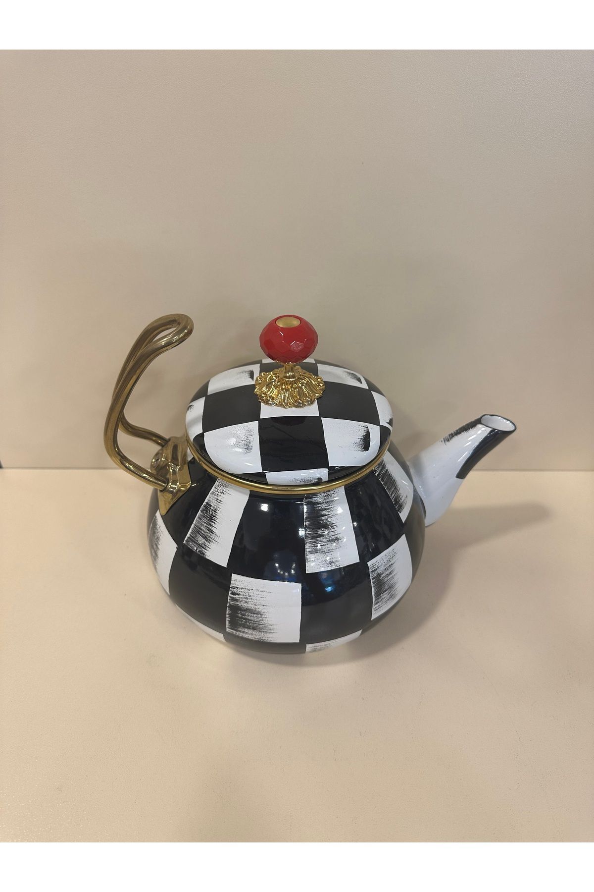 PLUS HOME Damalı Siyah Beyaz Kettle El Boyama