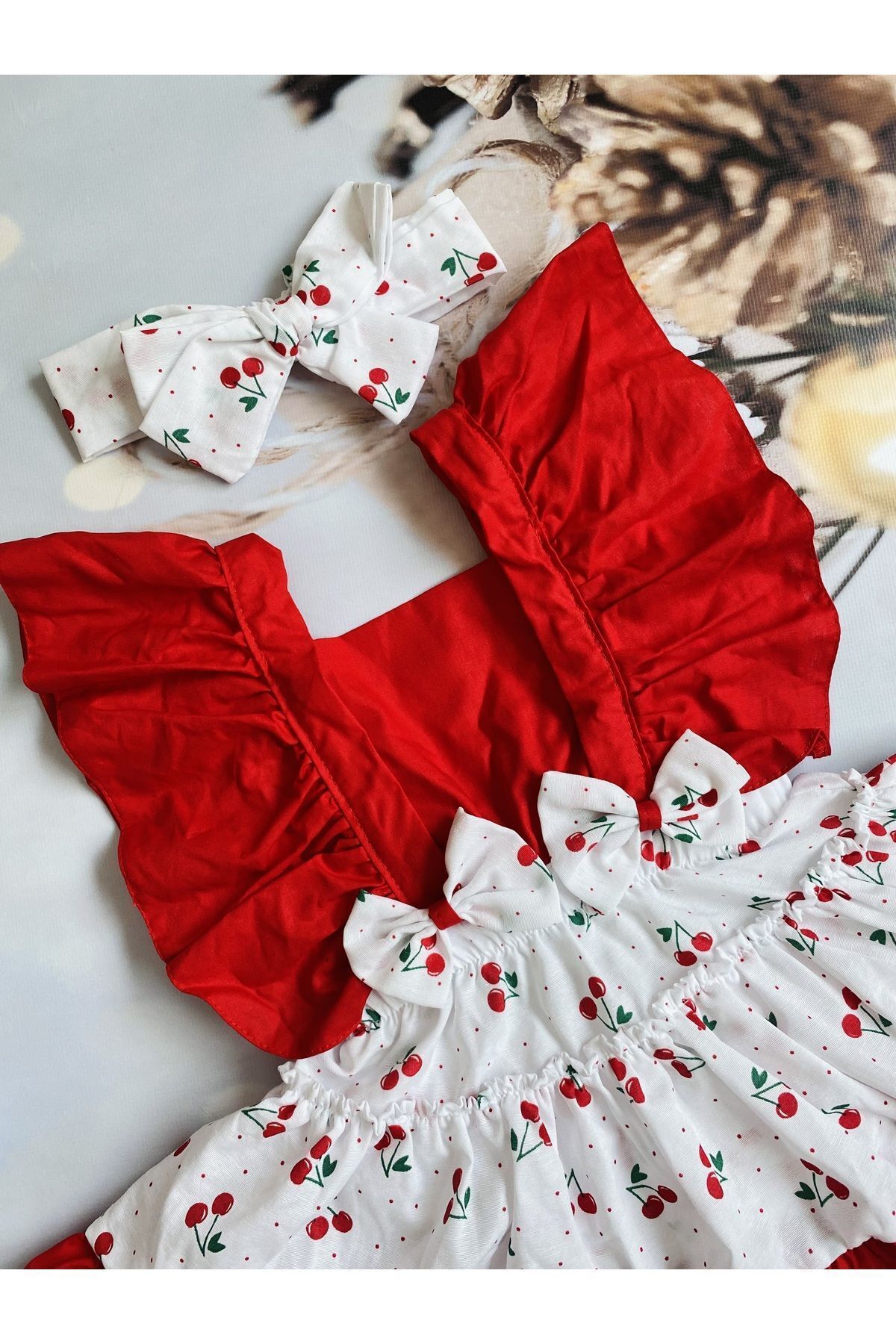 Mini Kids Baby Kız Bebek Kırmızı Kirazi Salopet Kirazlı Salopet Elbise Çorap Bandana Set fotoğrafı 2 (önizleme)