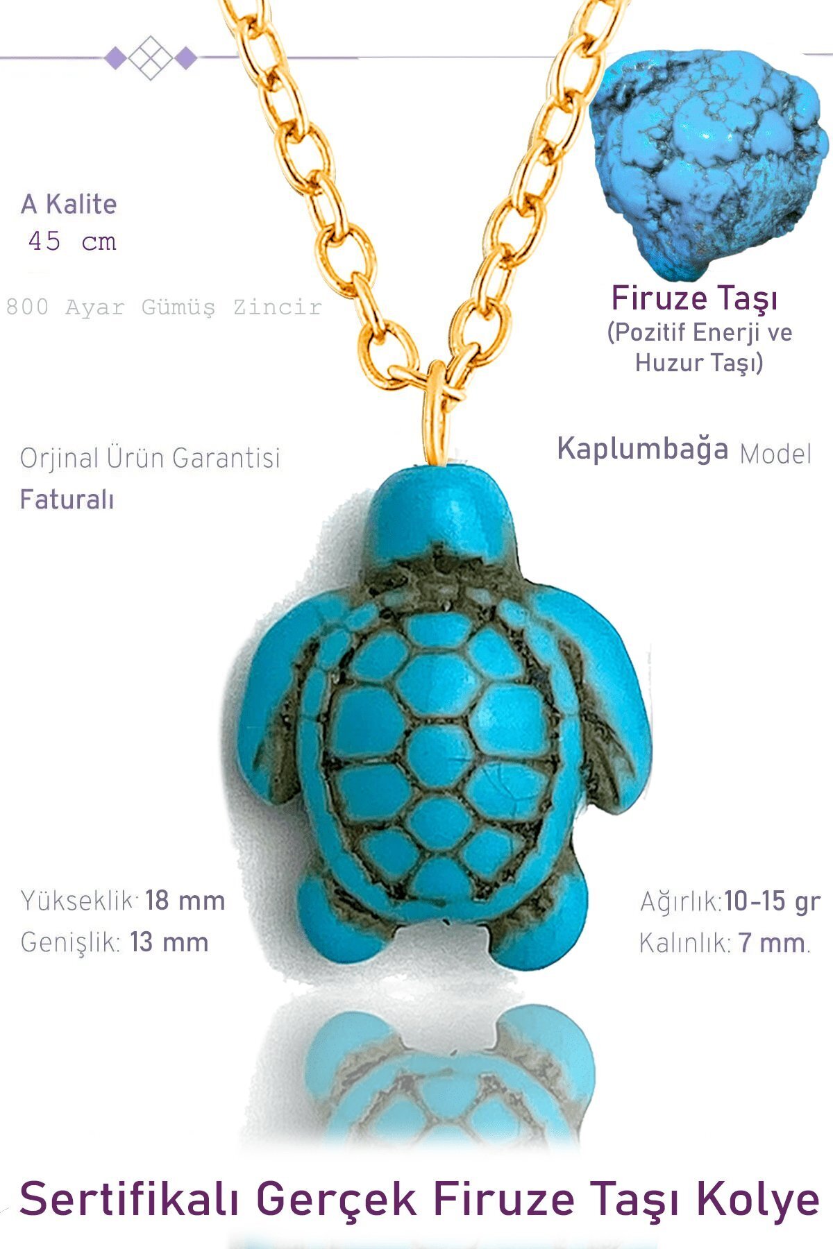 Sertifikalı Gold Kaplumbağa Model Gerçek Firuze Taşı Kolye ve Küpe Seti 3