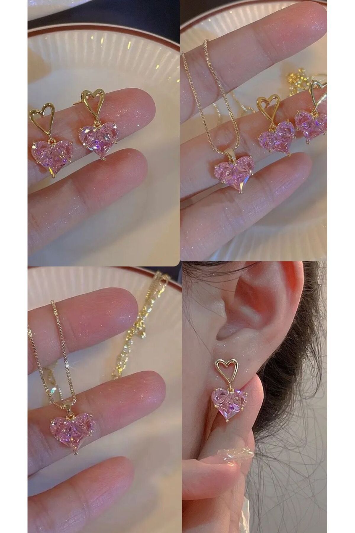 316L medikal Çelik  Gold Renk Pembe Zirkon Taşlı Kalp Model Kolye küpe sevgiliye hediye kadın hediye 6