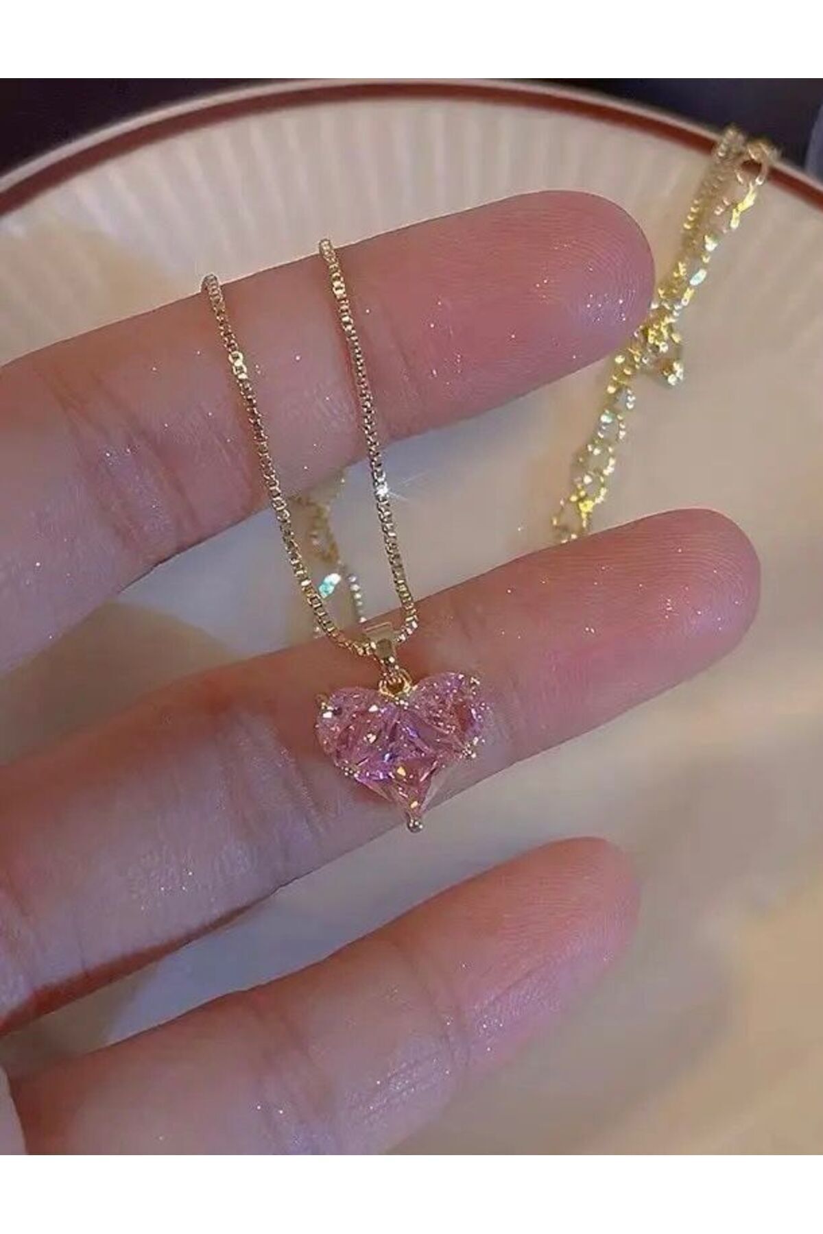 316L medikal Çelik  Gold Renk Pembe Zirkon Taşlı Kalp Model Kolye küpe sevgiliye hediye kadın hediye 2