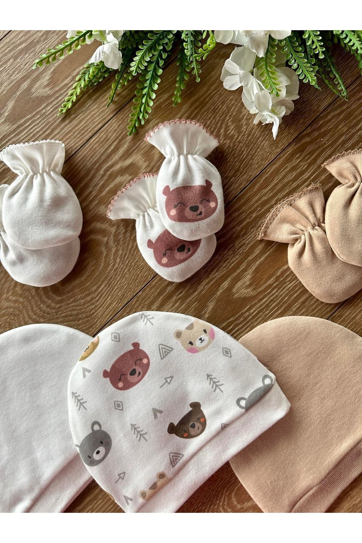 [Organik 6'lı Yenidoğan Bebek Eldiven Şapka Takımı Ayılar]
