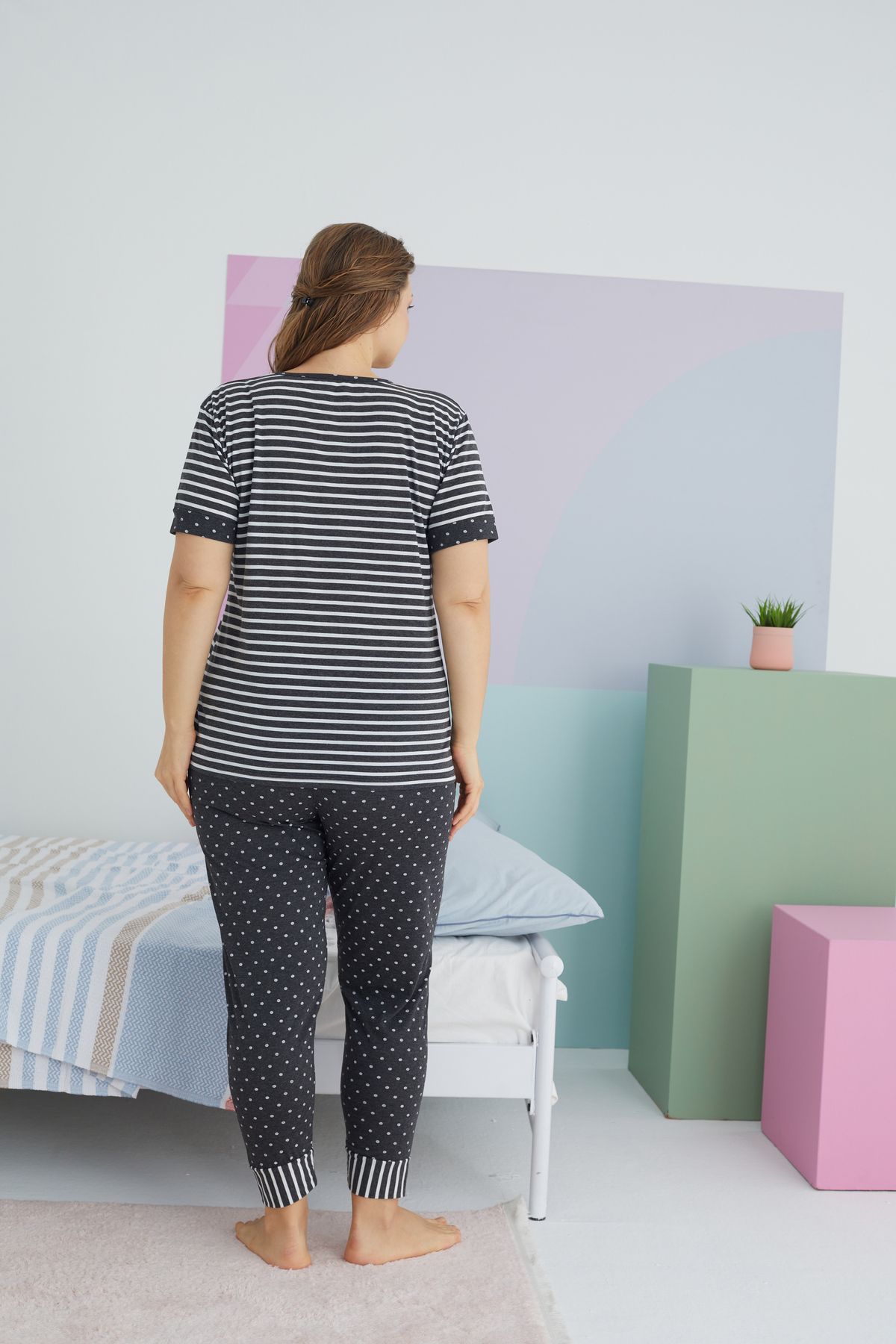 Siyah İnci-Large Size Oversize Cotton Knitted Pajamas Set - Multicolor Curve 3