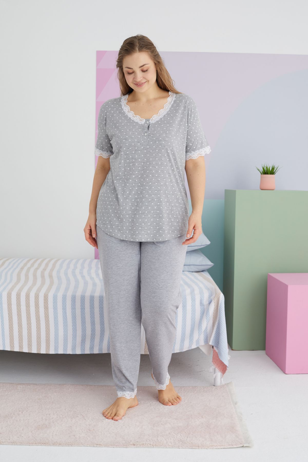 Siyah İnci-Plus Size Gray Curve Cotton Pajama Set - Buttoned King Size 2