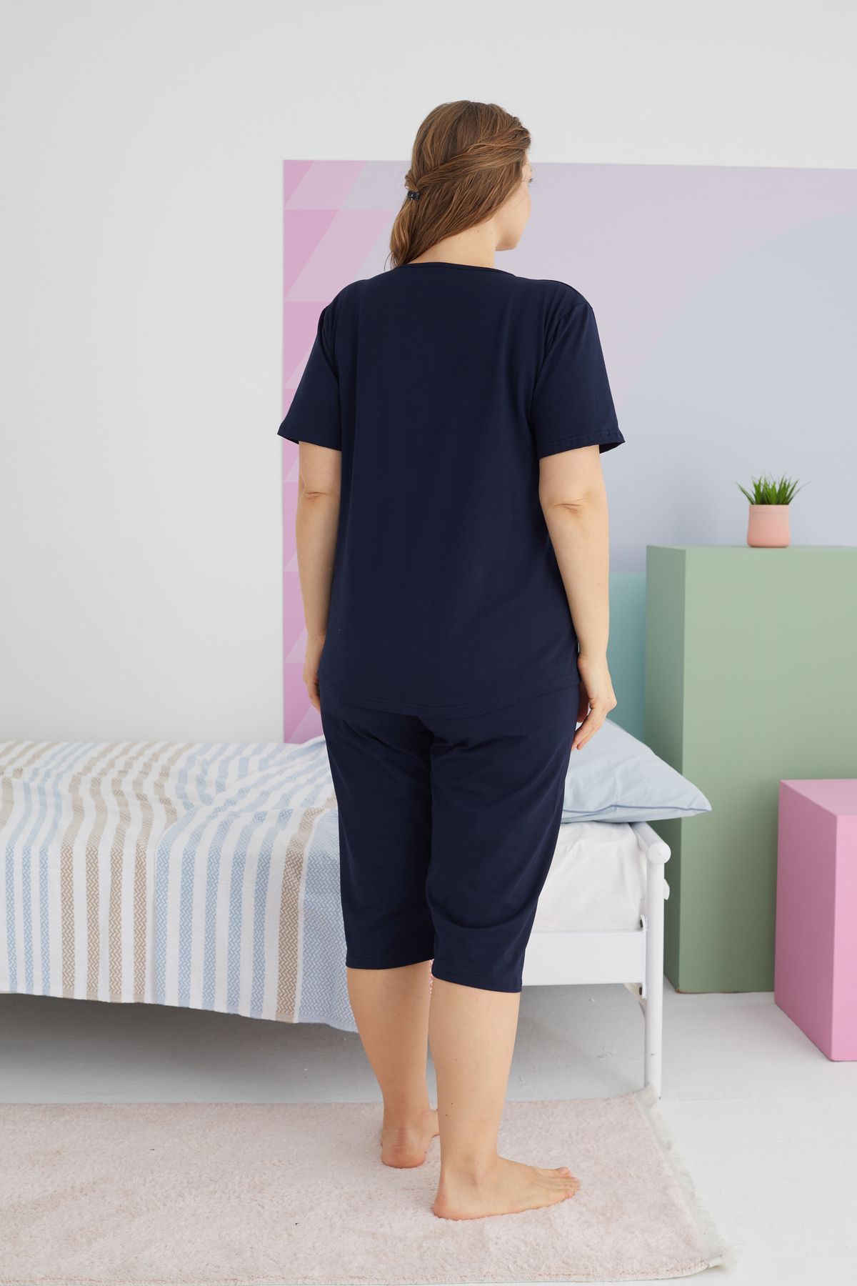 Siyah İnci-Navy Blue Curve Oversize Cotton Capri Set - Plus Size 3