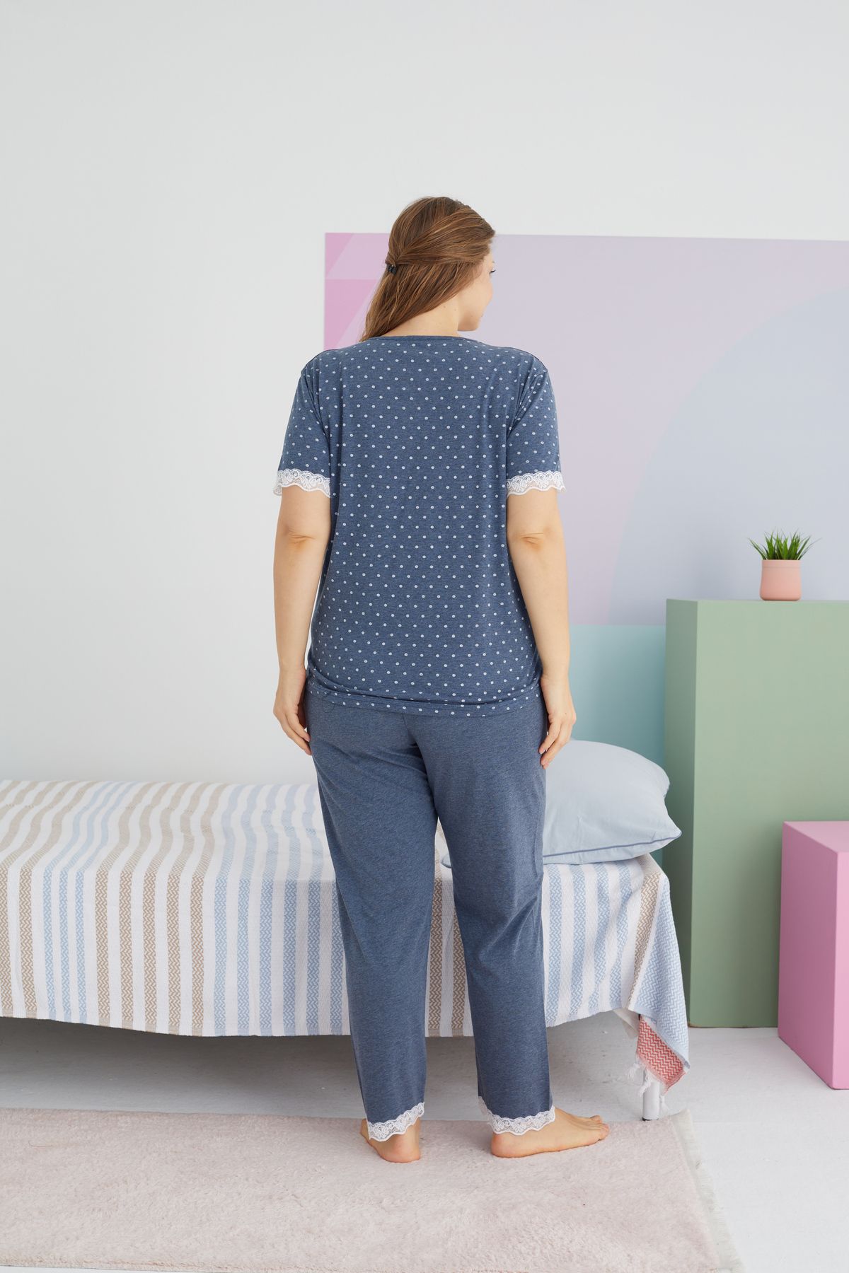 Siyah İnci-Large Size Oversize Indigo Cotton Pajama Set - Buttoned Curve Design 3