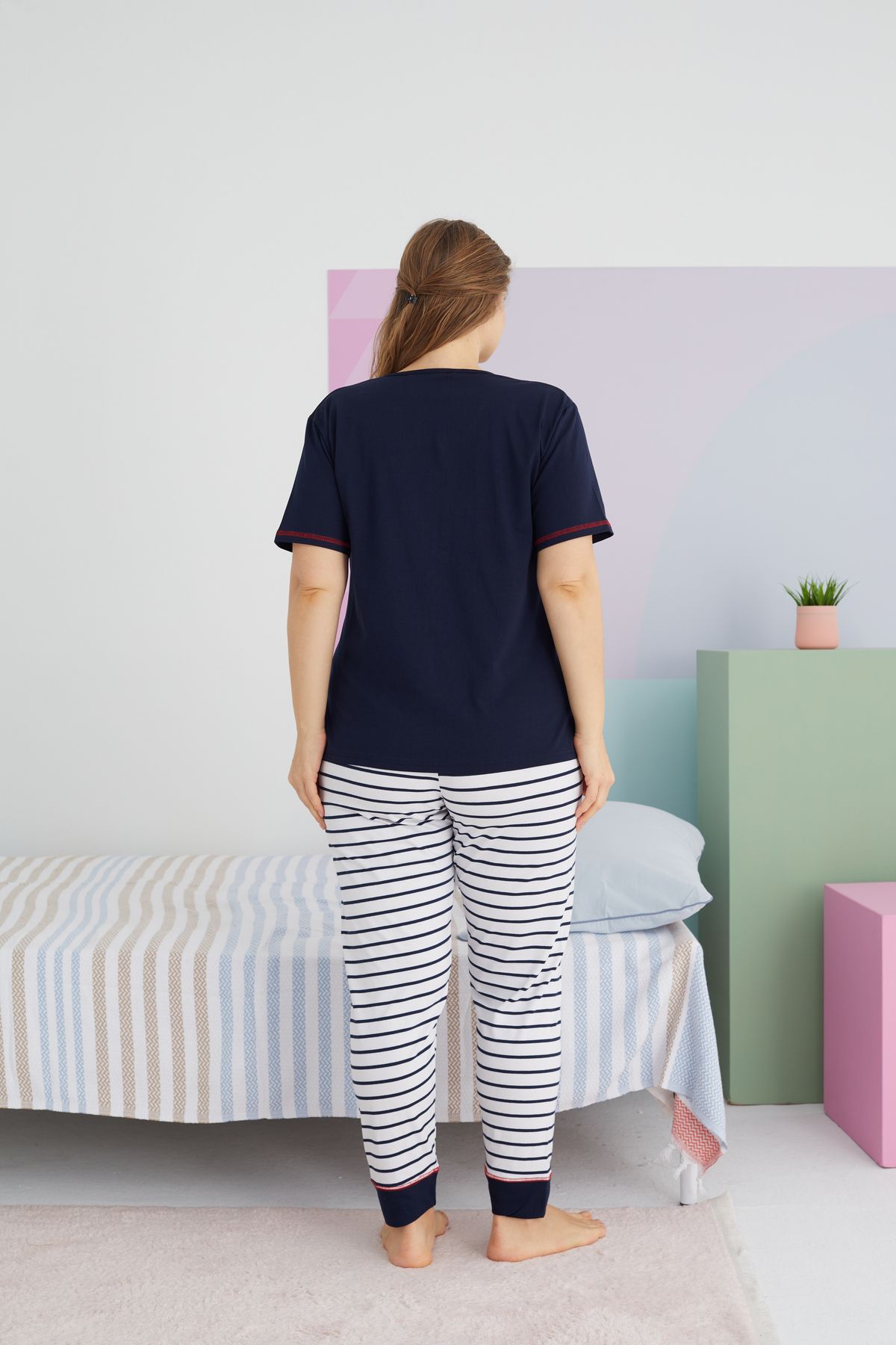 Siyah İnci-Large Size Oversize Cotton Knitted Pajamas Set - Multicolor Curve 3
