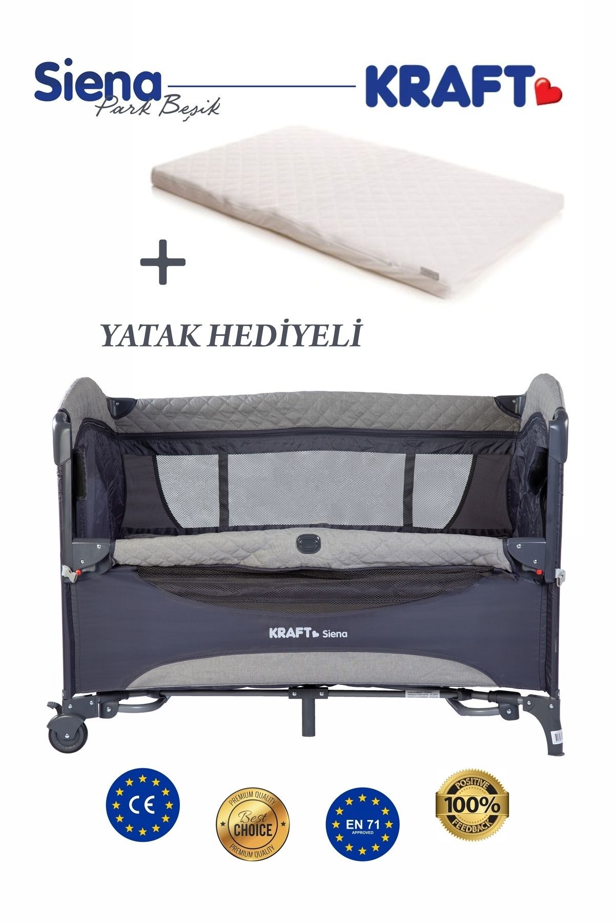 Kraft Siena Anne Yanı Park Yatak Oyun Parkı 70x110 Cm Gri, Yatak Hediyeli