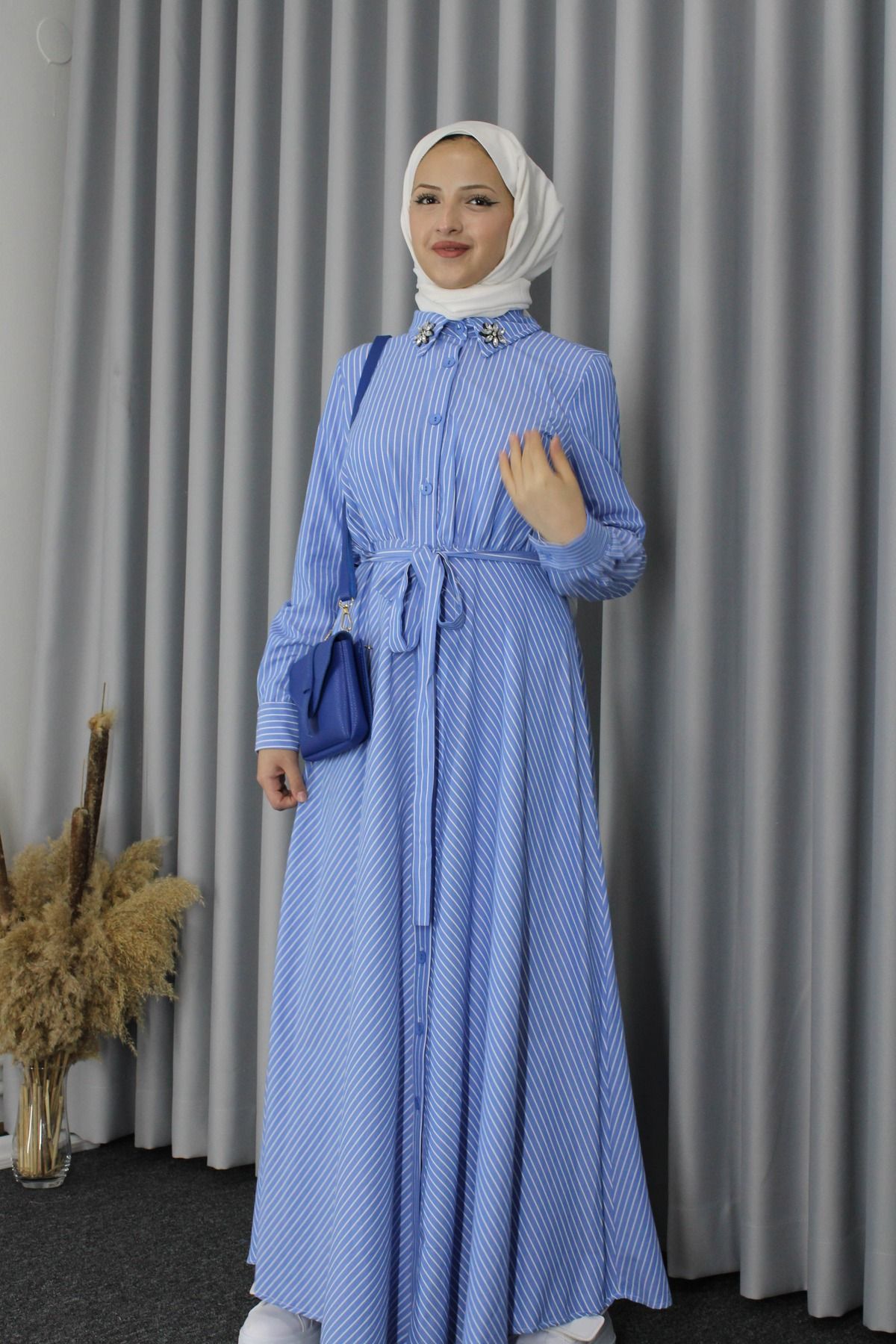 HİJAB STORE-Hijab Shirt Dress - Blue Striped 4