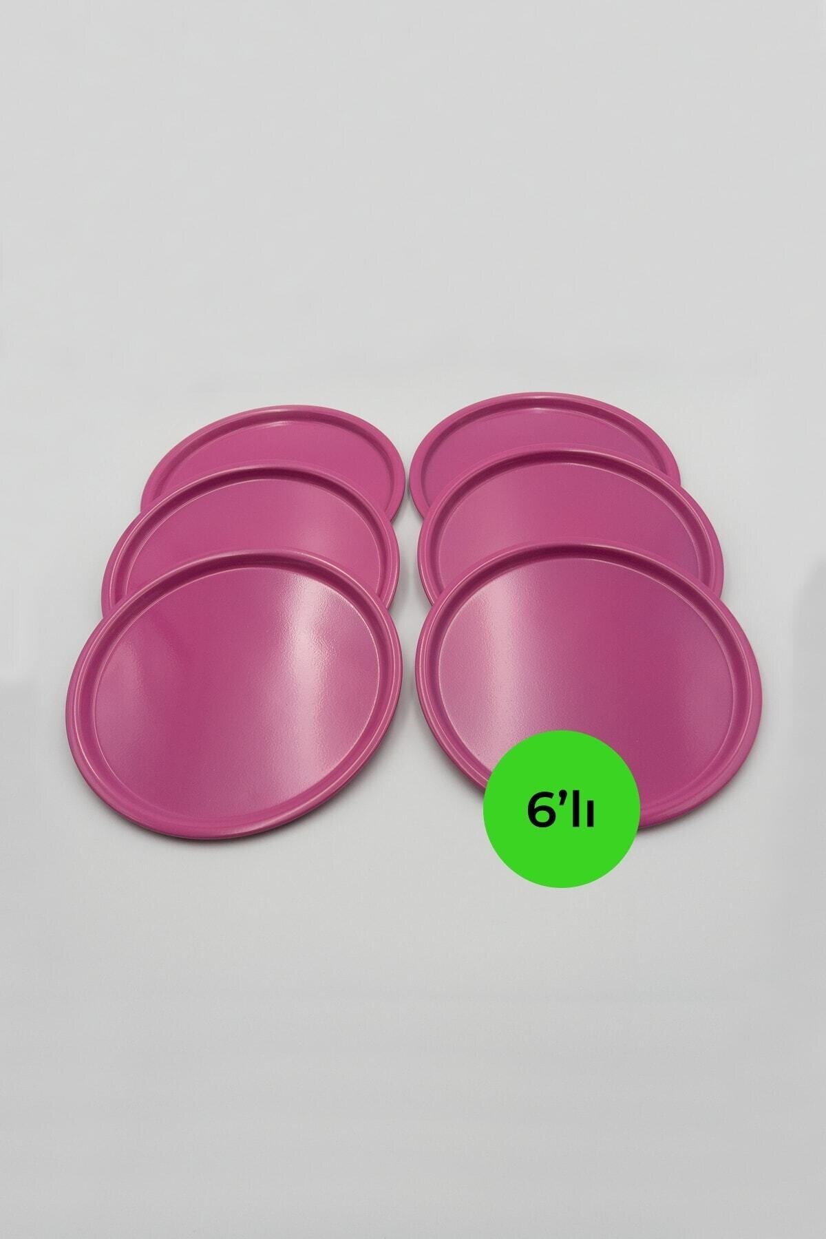 6 Pieces Pink Round Metal Tray, Single Tea and Coffee Serving Tray 22cm