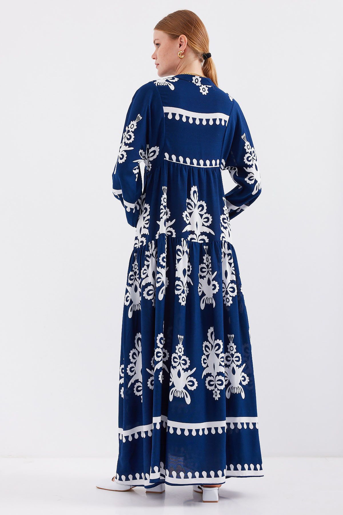 Bigdart-2423 Model Authentic Patterned Navy Blue Dress 5