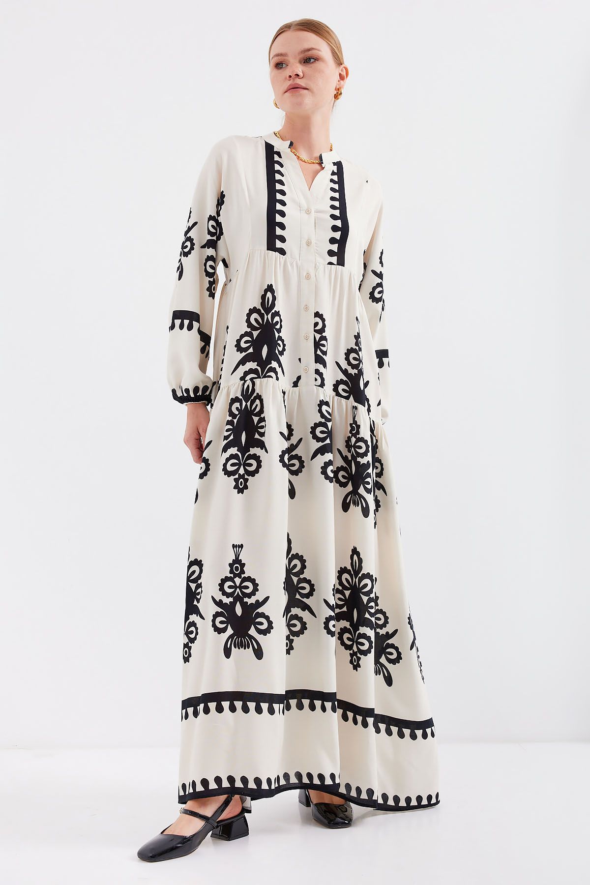 Bigdart-2423 Authentisches, gemustertes Kleid – M. Creme 4