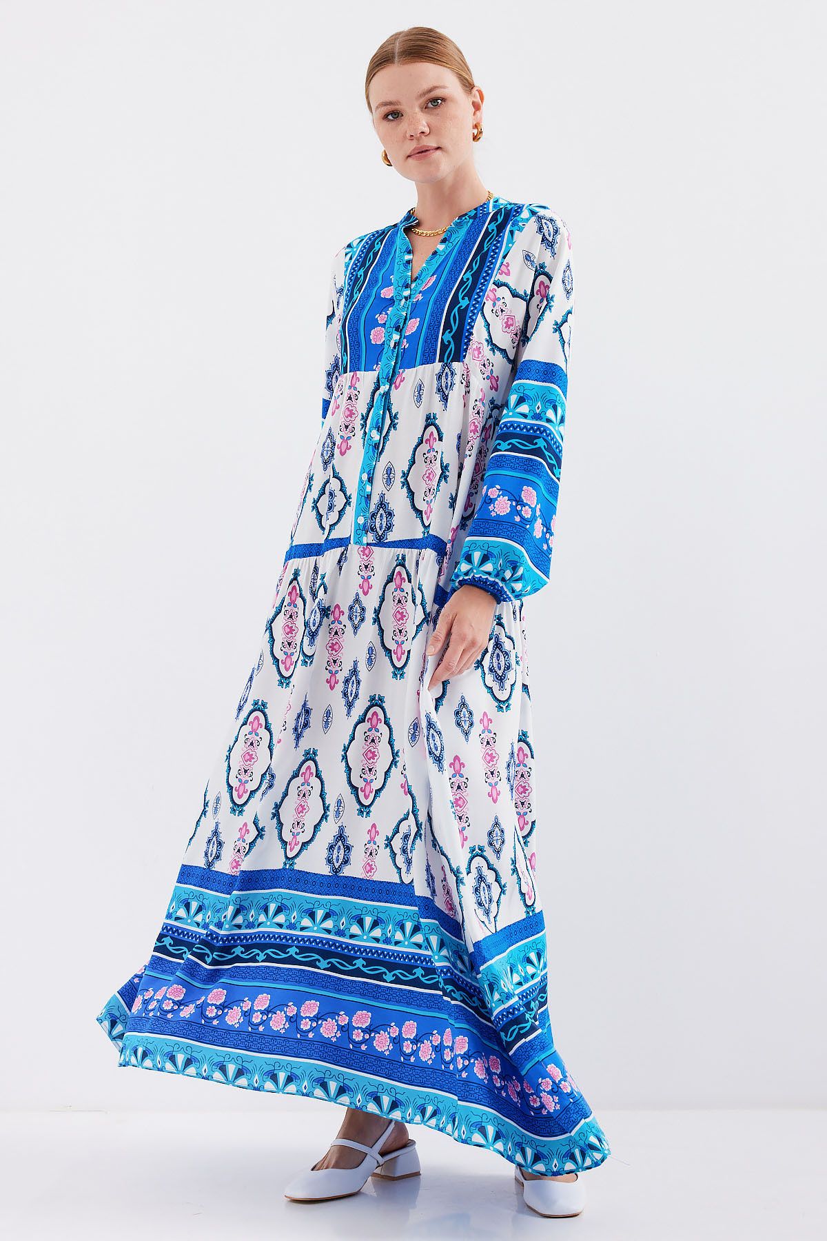 Bigdart-2423 Authentic Patterned Dress - E. Blue 3