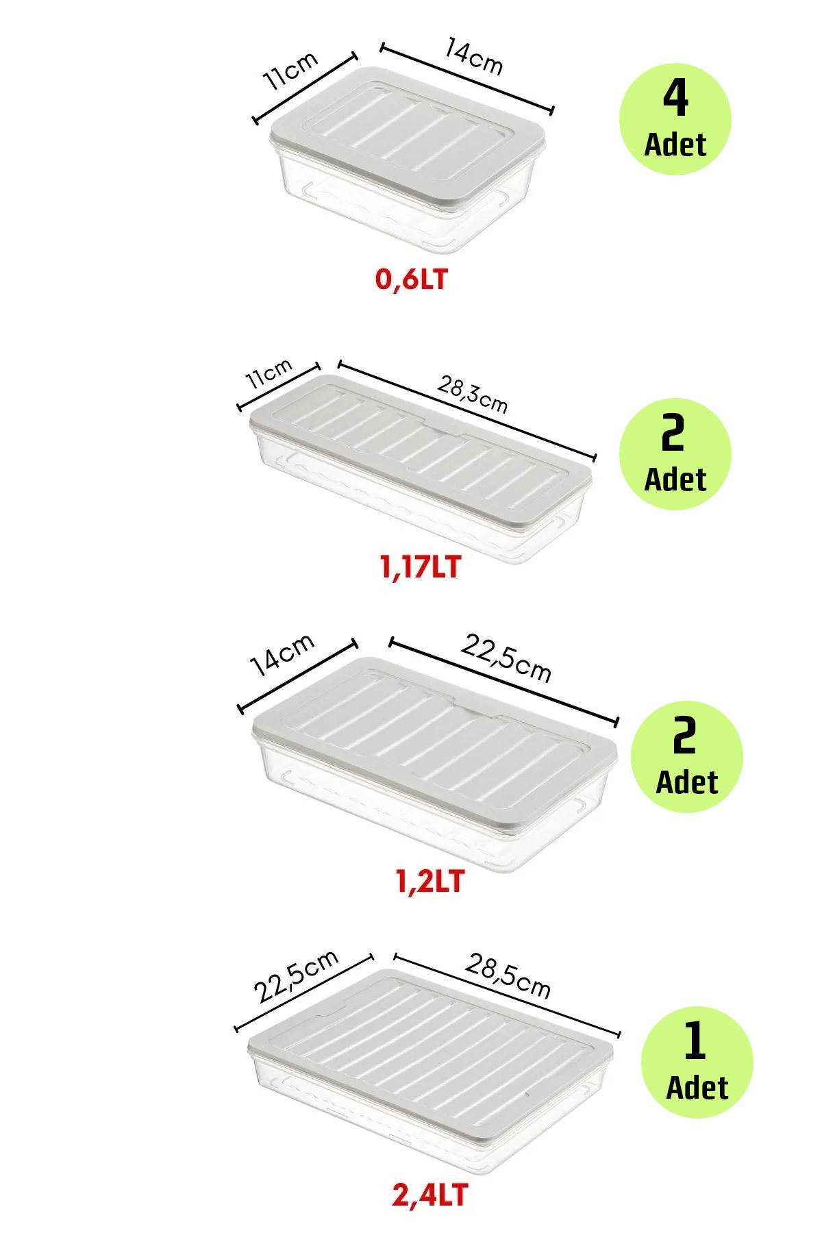 FİTHOME-Set of 9 Refrigerator and Freezer Airtight Storage Containers 1X2400Ml 2X1170Ml 2X1200Ml 2X600Ml 6