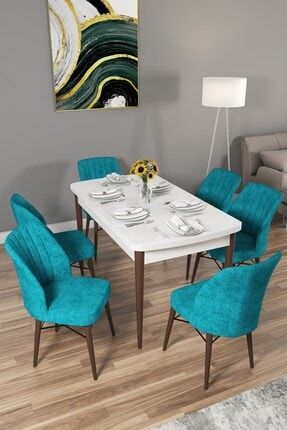 Arel 80x132 Mdf Beyaz Ceviz Ayaklı Açılabilir Mutfak Masası Takımı 6 Sandalye PRA-4130291-567256