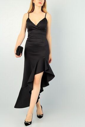 Kadın Siyah Eteği Volan Ve Yırtmaç Detaylı Askılı Abiye Elbise 71023-MD1