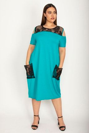 Kadın Yeşil Roba Ve Cep File Detaylı Viskon Elbise 65N26560