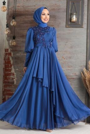 Tesettürlü Abiye Elbise - Inci Detaylı Indigo Mavisi Tesettür Abiye Elbise 21930ım EGS-21930