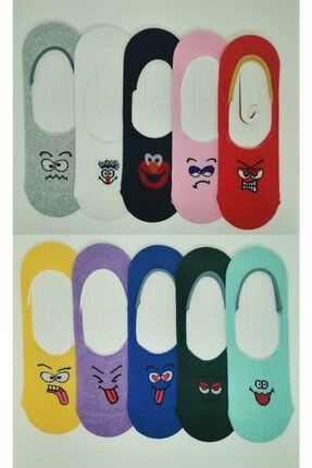 10 Çift Yazlık Emoji Desenli Kadın Babet Çorap 1055