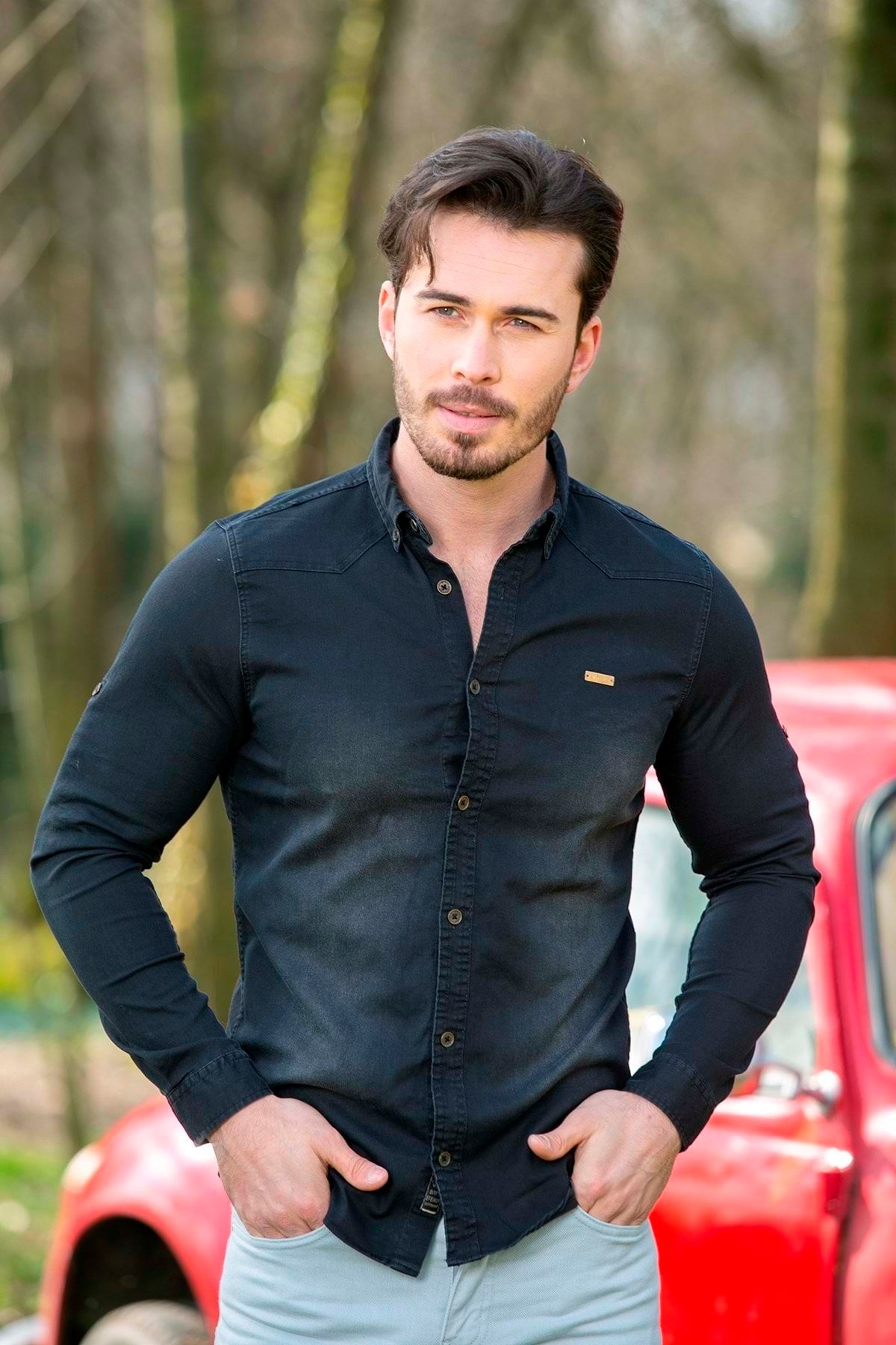 BAYEFEND Men s Black Lycra Denim Shirt N6028 Trendyol