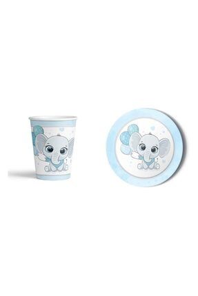Mavi Fil Karton Tabak Bardak Set 8 Kişilik Baby Shower Doğum Günü DNZ 2437