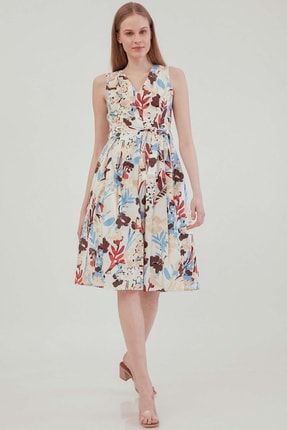 V Yaka Sıfır Kol Çiçek Desen Elbise 21-4149