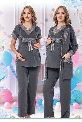 Kadın Füme Renk Lohusa Pijama Takımı Jenika 35692 3'lü Sabahlıklı Hamile Pijaması JNK-35692