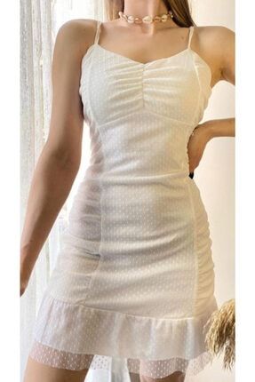 Beyaz Renk Yanları Drapeli Astarlı Ince Gösteren Tül Elbise s8520d8d0d