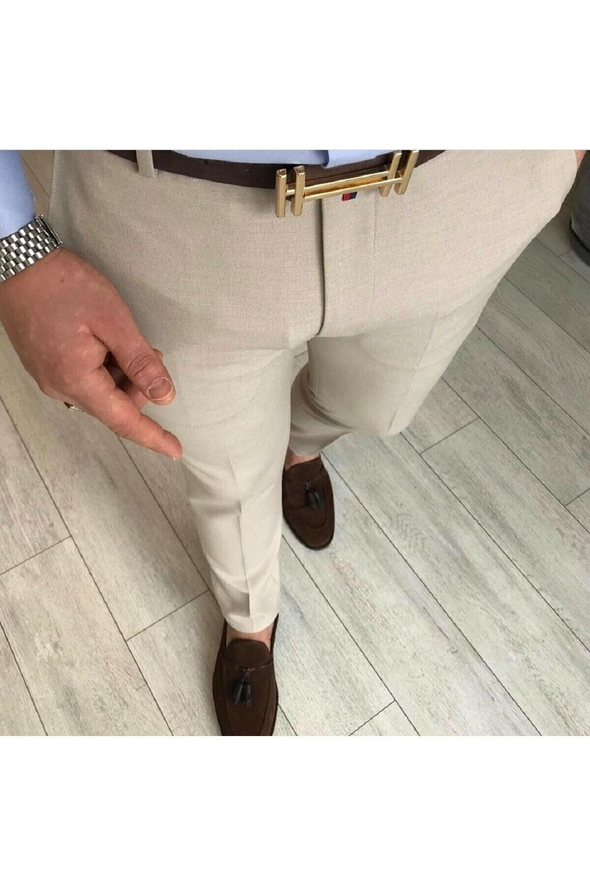 Erkek Bej Italyan Kesim Slim Fit Kumaş Pantolon