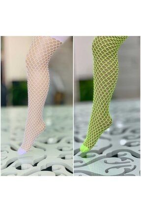 Kız Çocuk Neon Beyaz Ve Yeşil File Külotlu Çorap Ikili Takım C1032
