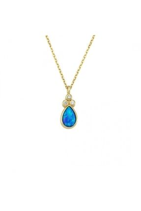 Altın Üç Taşlı Mavi Opal Kolye AS1673KL