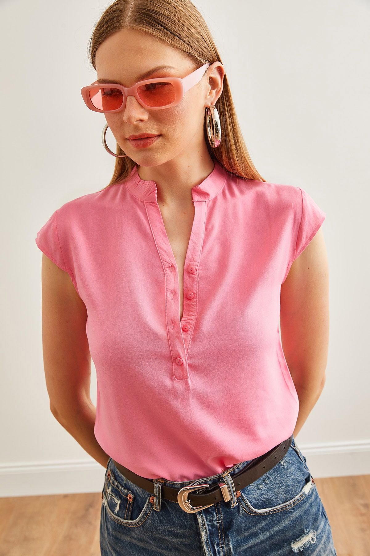 Olalook-Rosa V-Ausschnitt Viskose Damenbluse - 4-Knopf BLZ-19000279 5