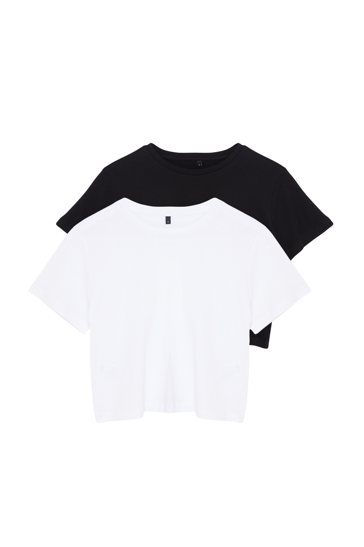 Trendyolmilla  Siyah-Beyaz 2'li Paket %100 Pamuk Crop Bisiklet Yaka Örme T-Shirt TWOSS20TS1480 - Görsel 9