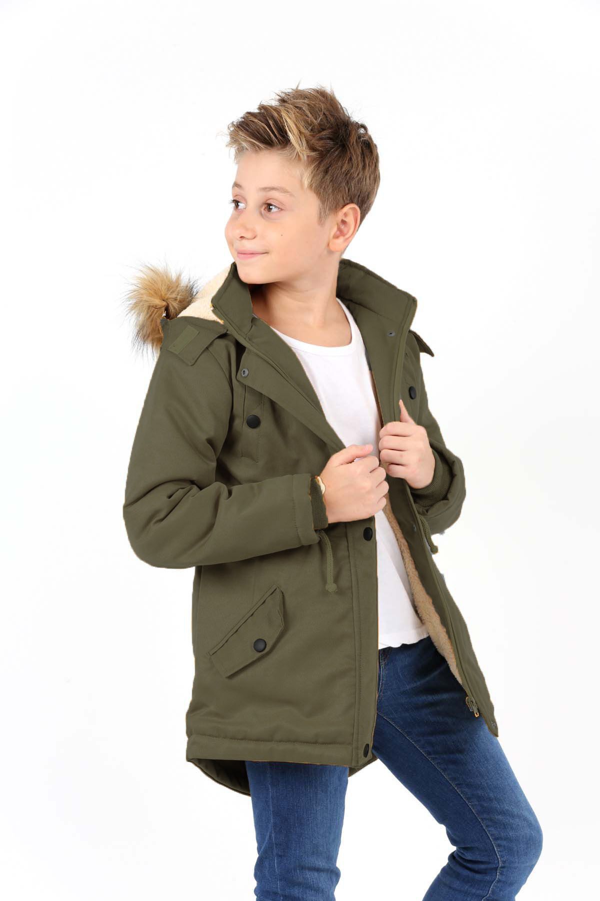  پالتو بلند ضد آب پسرانه با کلاه جداشونده و آستر خز مخمل