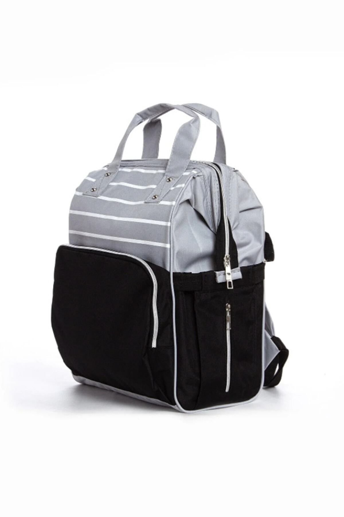 Özgün Baby Anne Bebek Bakım Sırt Çantası Biberon Termoslu Sıvı Geçirmez Puset Askı Aparatlı Siyah Gri Çizgili fotoğrafı 5 (önizleme)