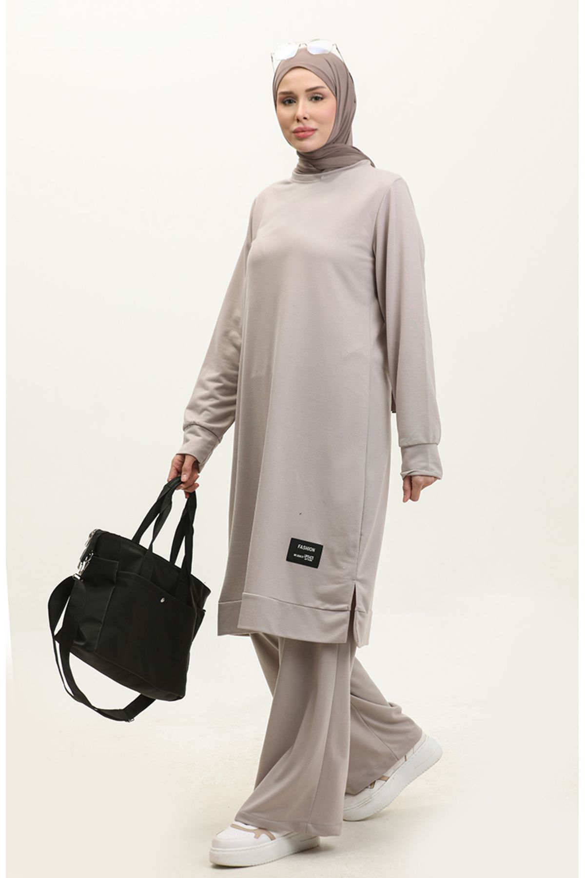 sefamerve-Light Gray Two-String Tunic and Trousers Set - 0044-25 2