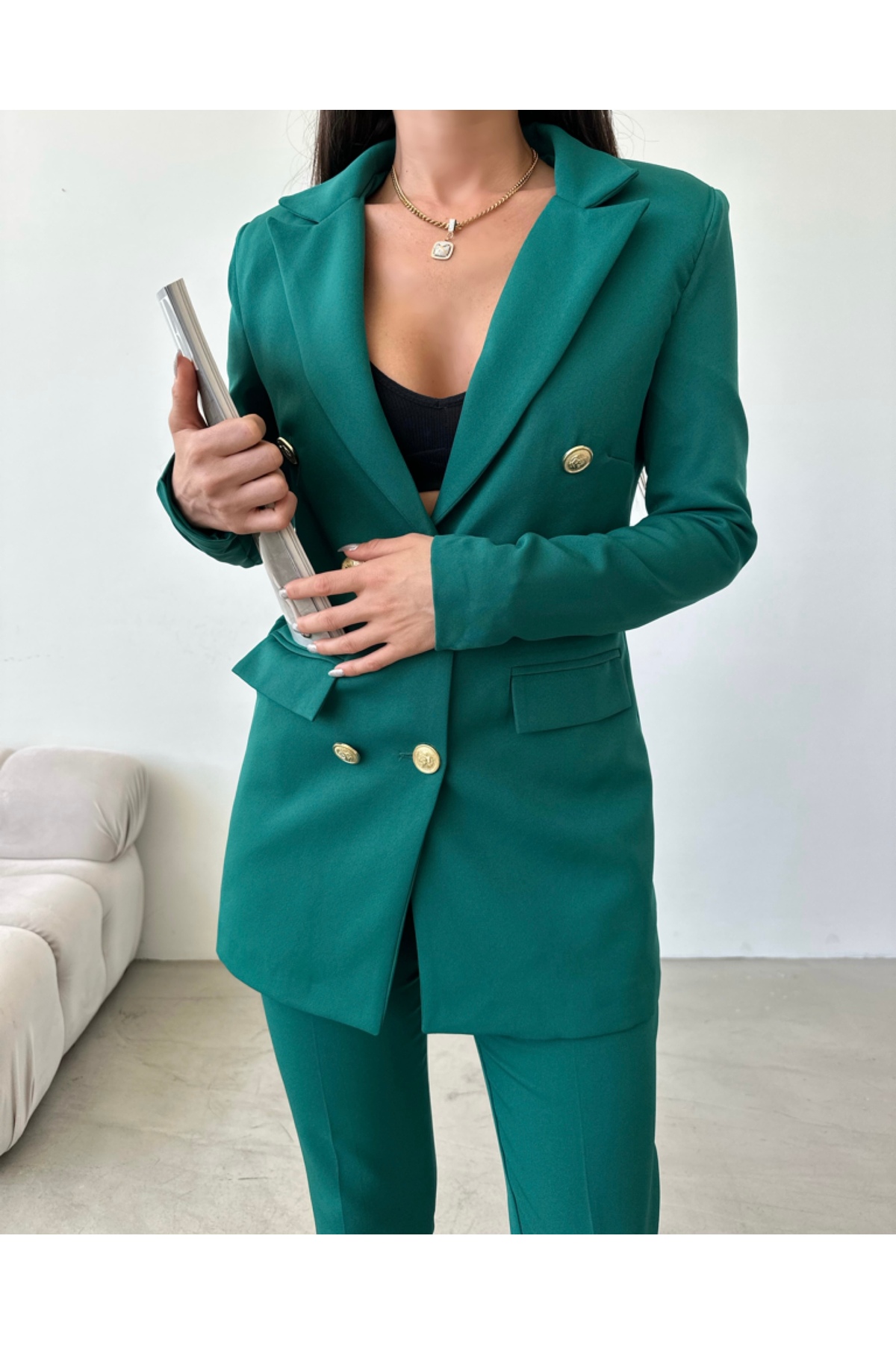 Female Clothing Koyu Yeşil Düğmeli Blazer Ceket Esnek Pantolon Kadın Takım Elbise