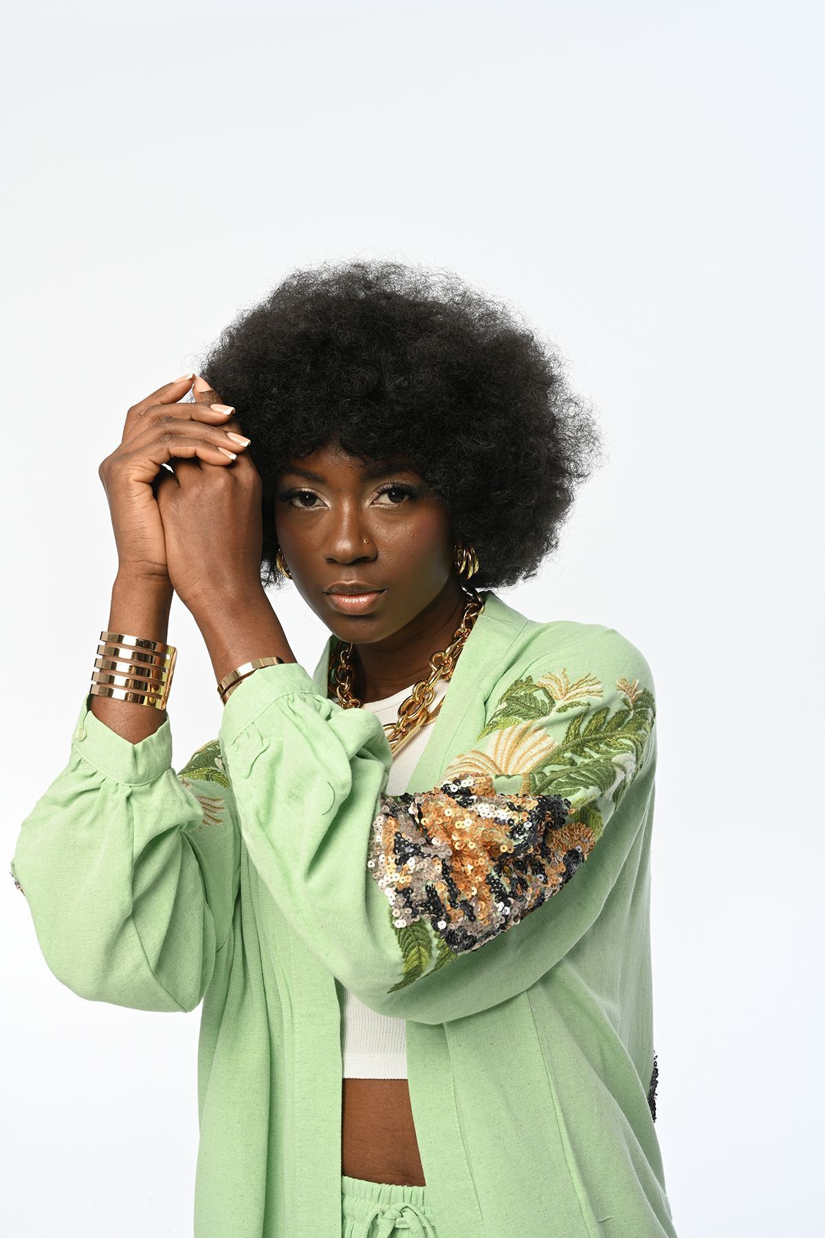 FEMELLE-Green Large Size Oversize Kimono Jacket - Tiger Pattern on the Back and Sequins 4
