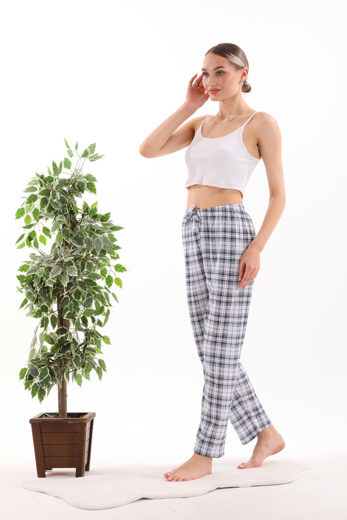 Arvin Pijama Pantaloni De Pijama De Vară Din Bumbac Imprimat În Carouri Pentru Femei, Cu Talie Elastică, Țesătură Respirabilă Femeie - 4XL